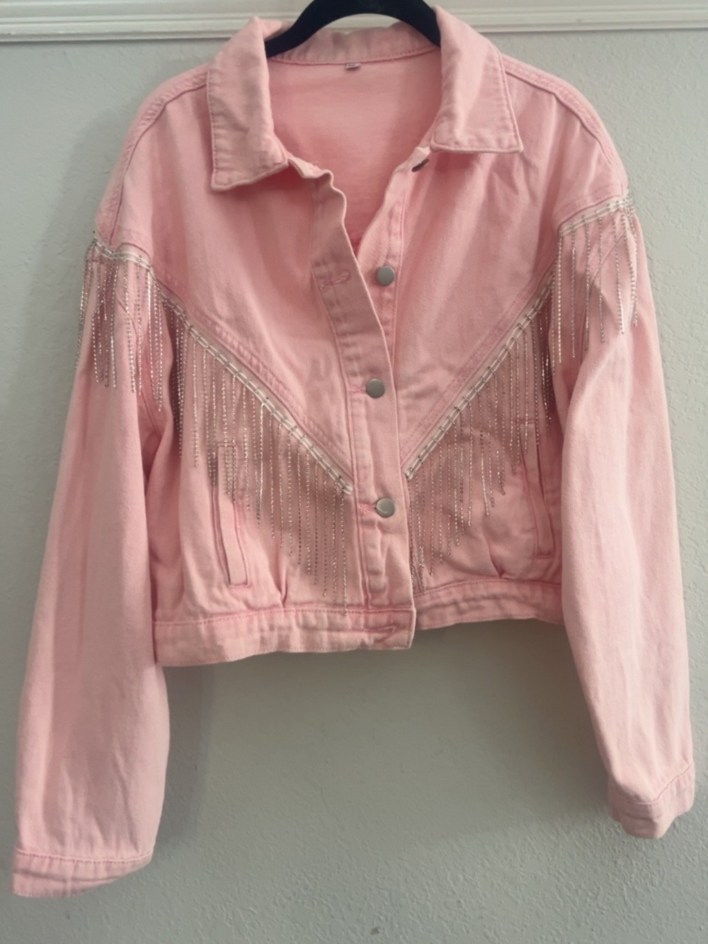 Pink Denim Rhinestone Fringe Western Cropped Jacket XL